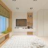 дизайн интерьера спальной комнаты, интерьер в современном стиле, дизайн зоны ТВ, скамья у окна