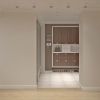 дизайн интерьера коридора, интерьер прихожей, встроенный шкаф в интерьере, зонирование пространства при помощи напольного покрытия