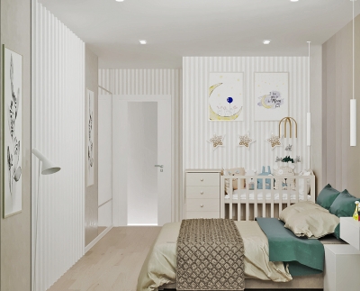 интерьер спальни, проект спальни, дизайн интерьера спальни, спальная комната в современном стиле, детская зона в спальне.