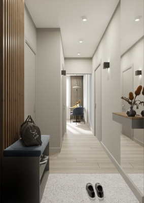 дизайн интерьера коридора, интерьер коридора в современном стиле, экостиль в интерьере, корпусная мебель в интерьере, декоративный кирпич.